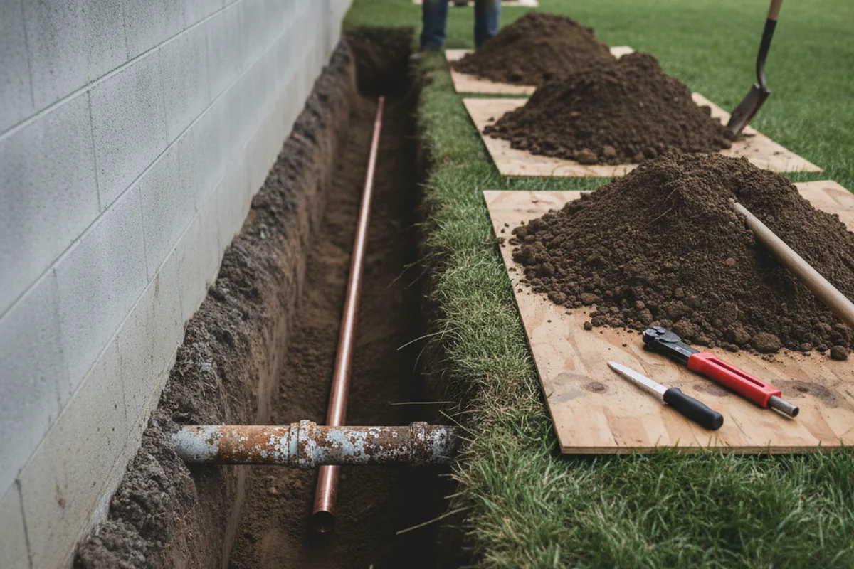 Excavated water line trench during Water Softener Installation in Crumpton